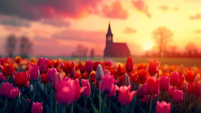 A vivid, colorful depiction of a field of tulips during sunset. The tulips are in various shades of pink, red, and orange, with the majority of them appearing soft and translucent.