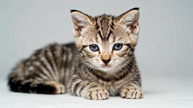 Adorable striped kitten with bright blue eyes looking curiously on a light background