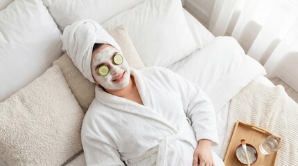 A smiling woman wearing a white bathrobe and towel on her head relaxes on a bed with a facial mask and cucumber slices over her eyes, enjoying a serene spa day at home.