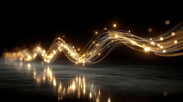 Glowing Golden Waves of Light with Reflection on Dark Background