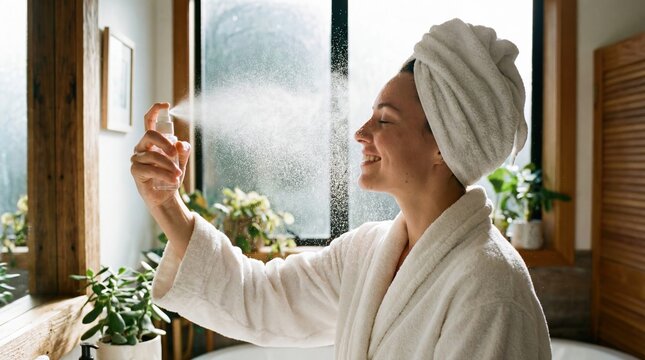 A young woman in a white bathrobe and towel smiles while spraying a refreshing mist on her face in a bright, plant-filled bathroom.