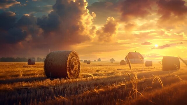 A vivid portrayal of a sunset over a wheat field, with a solitary house in the distance. The sky is painted in hues of orange, yellow, and blue, with fluffy white clouds scattered throughout.