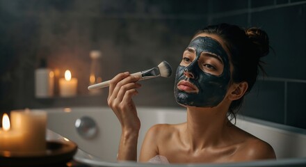 A young woman with a dark charcoal face mask applies the beauty product with a brush, relaxing in a warm candlelit bathtub for a serene and intimate self-care routine.