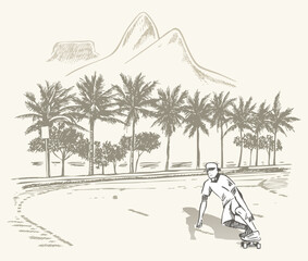 Freehand, unadorned illustration of a skateboarder in a landscape of Rio de Janeiro, Brazil.