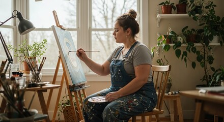 A focused young adult woman in paint-splattered overalls sits in natural light, meticulously painting an abstract design on a canvas set on an easel in a bright home studio filled with lush green.