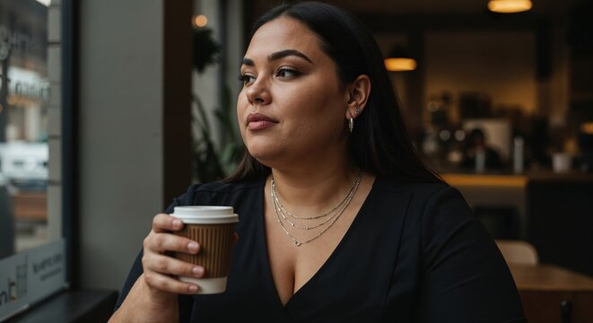 A young adult woman with long dark hair holds a disposable coffee cup, looking contemplatively out a cafe window at a blurred urban street scene.