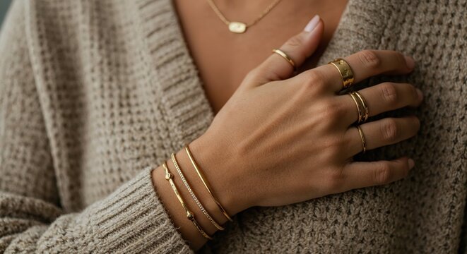 A woman's hand adorned with multiple gold rings and delicate bracelets rests gently on a cozy beige knitted sweater, showcasing elegant fashion and personal style.