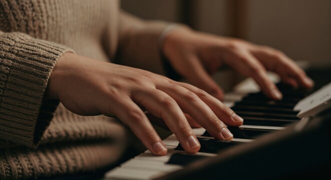 A person's hands gracefully play a modern electronic piano keyboard, pressing black and white keys with a soft touch, highlighted by warm indoor lighting and wearing a cozy knitted sweater. - Powered by Adobe