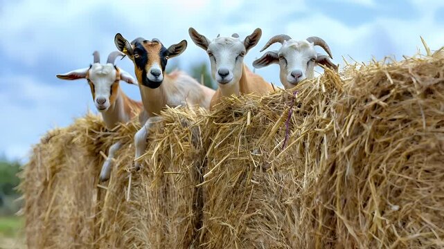 A closeup shot of a group of goats resting on a pile of hay. The goats are positioned in a natural setting with a clear sky in the background. The hay is a goldenbrown color.