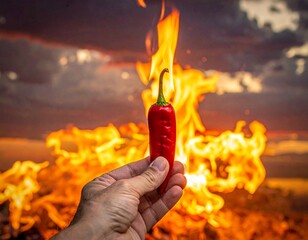 A hand holding a burning chili pepper in vivid flames. Fiery spice concept, dramatic food photography, symbol of heat, passion and intensity, perfect for culinary and creative themes.
