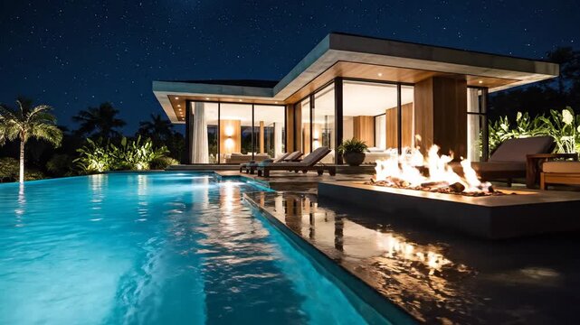 Modern luxury residence exterior with swimming pool and fire pit at night