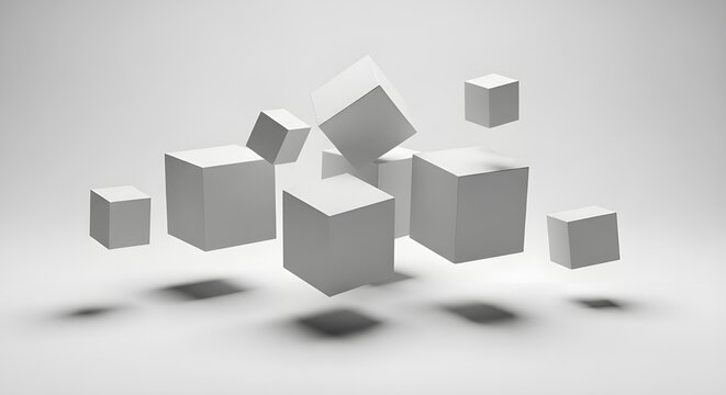 Soft grayscale cubes arranged in clean geometric minimalist composition