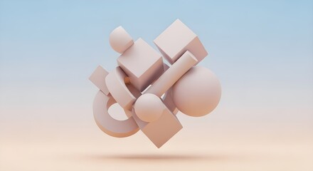 Minimal beige abstract 3D geometric sculpture floating in soft ambient lighting