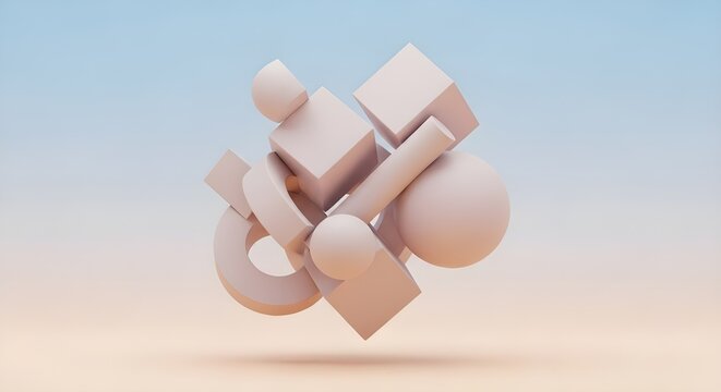 Minimal beige abstract 3D geometric sculpture floating in soft ambient lighting