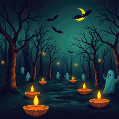Spooky Halloween night in a dark forest with ghosts bats and candles perfect for holiday cards and decorations