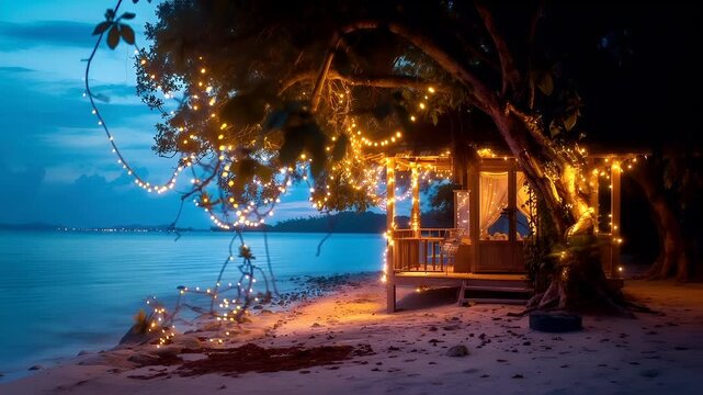 A tranquil beachside setting at dusk with a wooden hut adorned with fairy lights. The hut is illuminated from within, casting a warm glow on the sandy shore and the surrounding water.