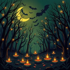 Spooky Halloween night scene with glowing candles bats flying under a crescent moon creating a magical and eerie atmosphere