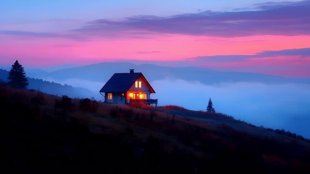 A tranquil, serene depiction of a house set against a backdrop of misty mountains during twilight. The house is illuminated from within, casting a warm.
