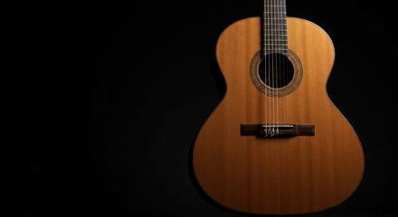 Obraz premium A classical guitar with natural wood finish against a dark background