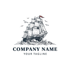 Vintage Sailing Ship on the Open Sea with Birds, Company Logo Design.
