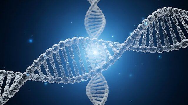 DNA helix structure with glowing light in the center, science concept.