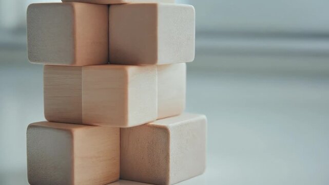 Minimalist composition of stacked natural wood cubes representing building, connection, and stability