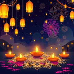 Diwali celebration with lit diyas lanterns and fireworks a festive illustration for Indian holiday events isolated on dark background