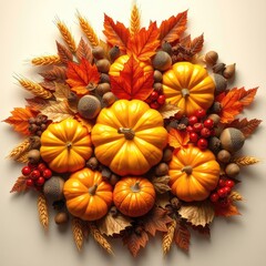 Autumn harvest arrangement with pumpkins fall leaves wheat and berries a seasonal decoration for Thanksgiving and festive occasions