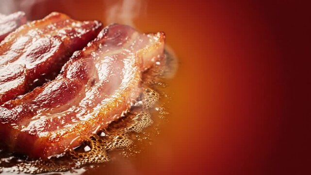 Bacon Day banner, warm red amber gradient, crispy bacon strips sizzling with soft steam rising, golden reflections on the edges