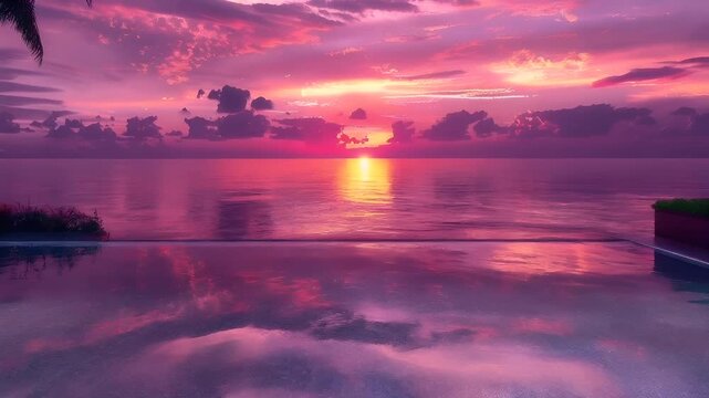 A vivid tropical sunset over a serene body of water with a swimming pool in the foreground. The sky is painted in hues of pink, purple, and orange, with clouds scattered throughout.