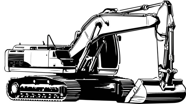 Detailed black and white vector illustration of a powerful excavator, a heavy machinery construction vehicle for digging and earthmoving.