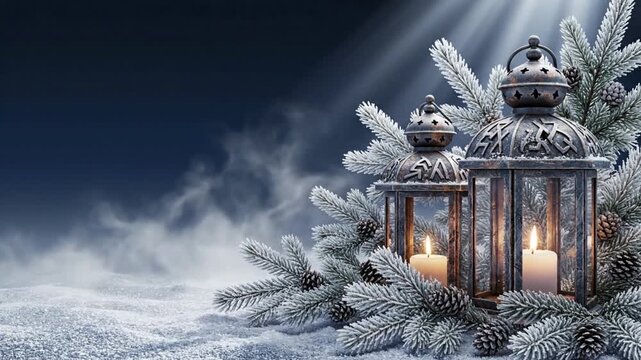 Nordic Yule festival, midnight blue silver gradient, runic inspired candle lanterns, evergreen branches