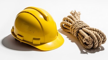 Construction helmet beside a coiled rope on white background, symbolizing labor challenges and physical effort