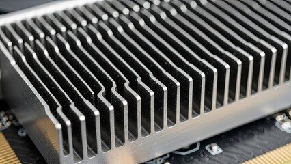 Macro shot of a graphics card heatsink showing metallic fins and precision-cut details in a clean tech setup