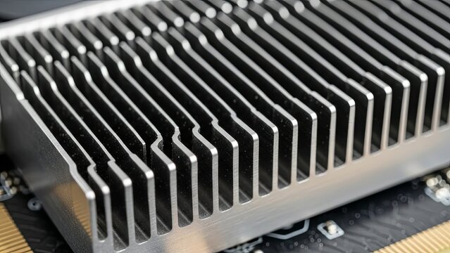 Macro shot of a graphics card heatsink showing metallic fins and precision-cut details in a clean tech setup