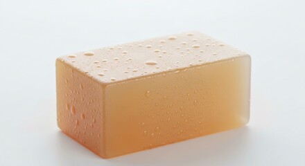 Amber-colored soap bar with water droplets, pristine white background
