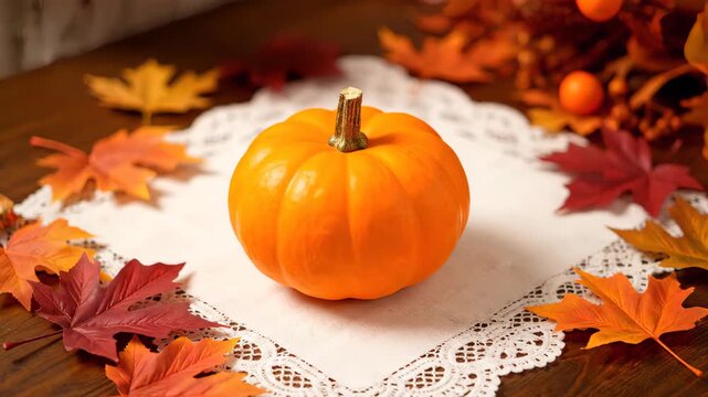 Hand Placing Vibrant Orange Pumpkin on a White Doily Surrounded by Colorful Autumn Leaves and Rustic Decor
