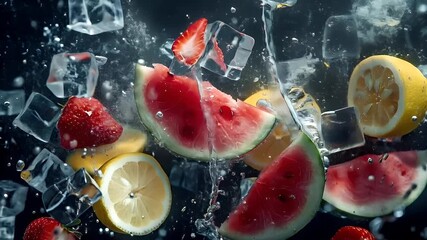 watermelon splashing into water with ice cubes and lemon sliceswatermelon slice in water with bubbles and rippleswatermelon slices with water droplets and bubbles in waterlemon. - Powered by Adobe