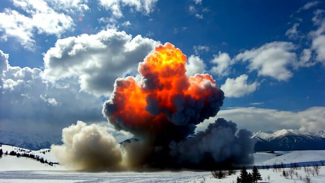 Explosive fireball over snowy mountain landscape with dramatic clouds, glowing smoke and fiery mushroom cloud reflecting light across snowfield