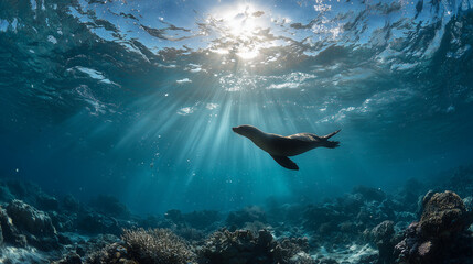 Obraz premium A graceful sea lion swims underwater in clear blue ocean water, showcasing natural beauty, freedom, and marine wildlife in a calm tropical environment.
