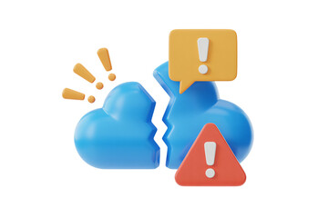 Broken cloud system with alerts signals data breach and IT security vulnerability, perfect for illustrating technology risks or cloud computing challenges