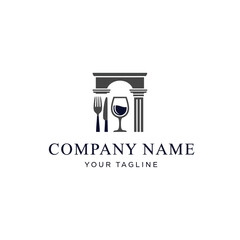 Elegant Restaurant Logo with Roman Arch, Fork, Knife, and Wine Glass.