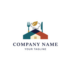 Fototapeta premium Modern Eco-Friendly Restaurant Logo Design with House and Utensils.