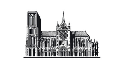 Naklejka premium Majestic European Gothic cathedral vector illustration. Detailed historic religious building architecture, vintage engraving style drawing.