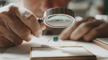 Close up of a jeweler carefully inspecting a silver ring with a gemstone, highlighting craftsmanship, precision, and quality control in professional jewelry making.