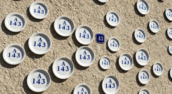 Array of plates, some with symbols, mounted on a textured wall