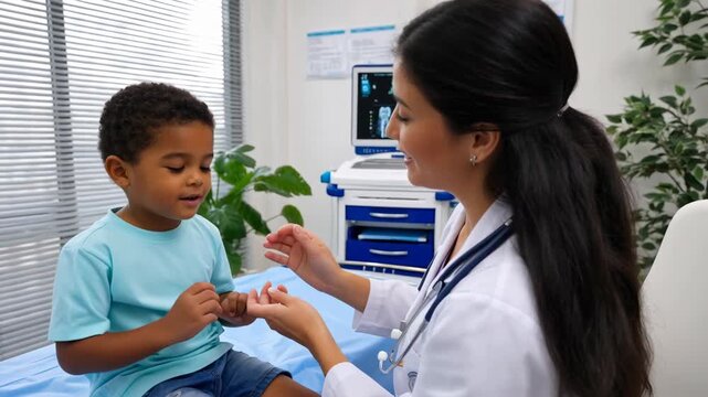 Pediatrician boy child clinic medical examination throat check doctor stethoscope caring female pediatrician examining young boy throat and checking