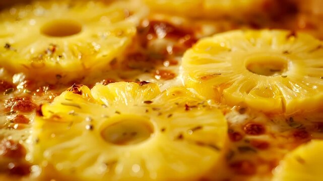 A closeup of a pineapplethemed dish, possibly a pizza or a casserole, with a focus on the texture and color of the pineapple slices. The pineapple slices are goldenyellow with a glossy sheen.