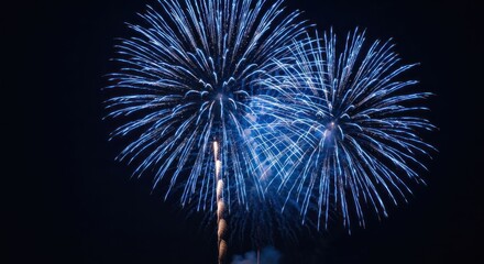 Bright blue aerial fireworks bursting in the dark night sky