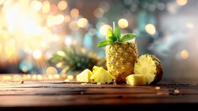 A closeup shot of a pineapple with a slice of pineapple on a wooden surface. The background is blurred with bokeh lights, suggesting a festive or celebratory atmosphere.